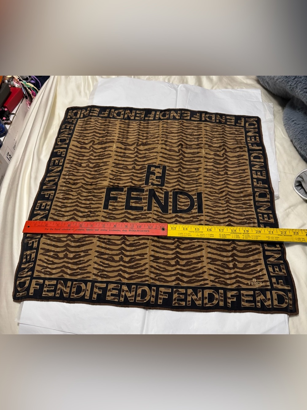Fendi AUTHENTIC Vintage Logo FF Monogram Brown Black Zebra Small Scarf - Picture 12 of 16